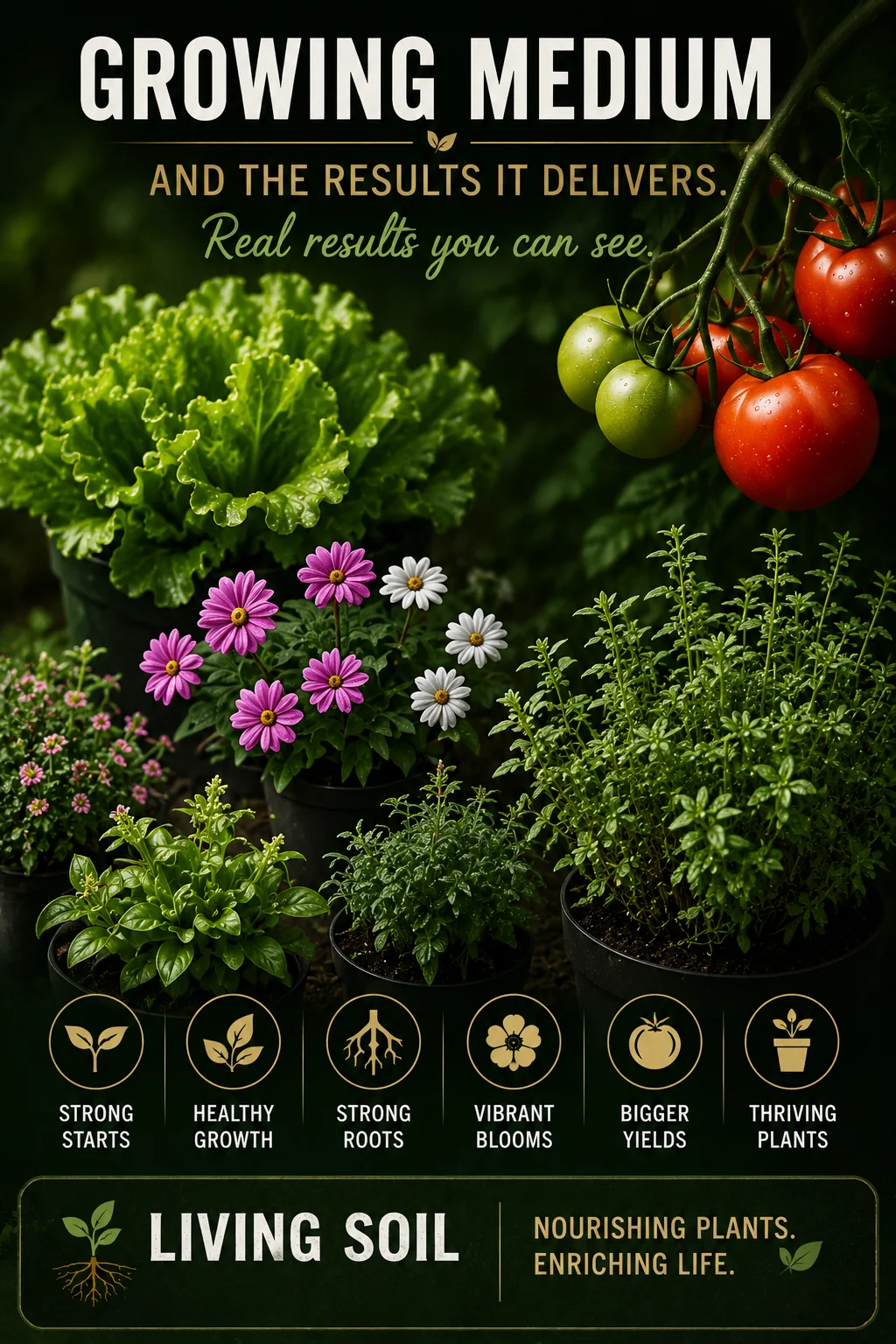 Healthy plants growing in premium living soil