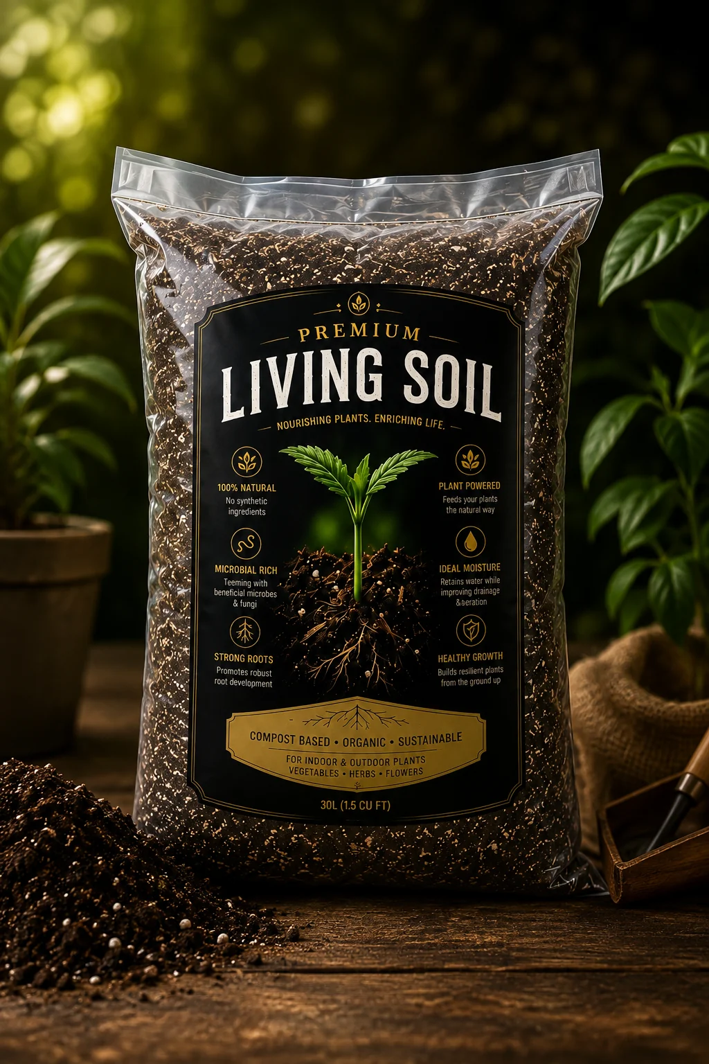 30L bag of premium living soil product photography